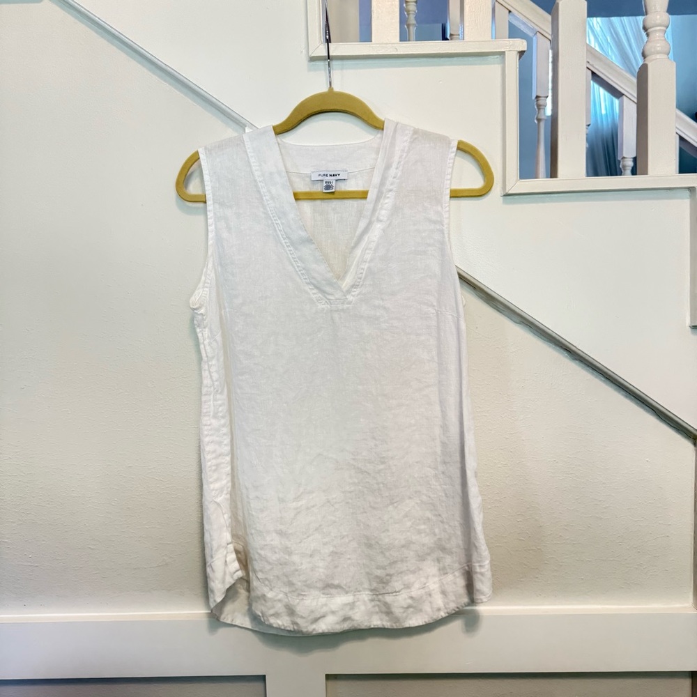 Pure Navy 100% Linen White V-Neck Tank Top size M